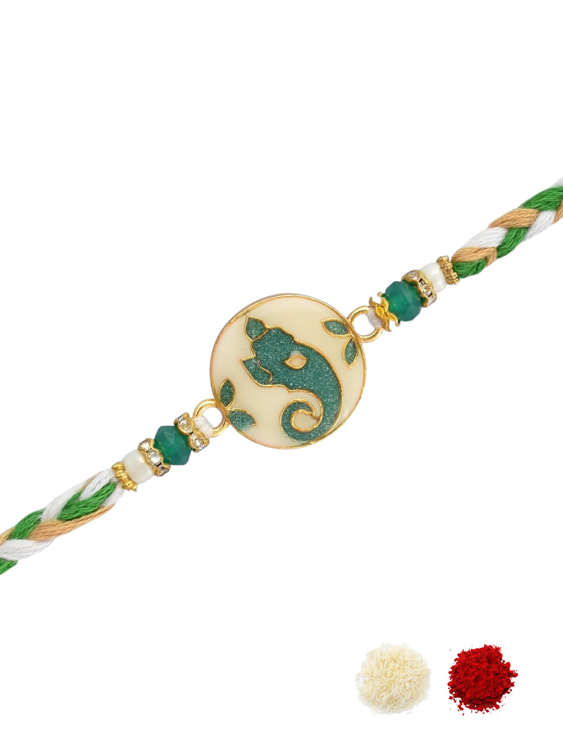 gold plated enamel work green beaded & braided thread ganesh religious design pack of 1 rakhi for brothers, bhaiya, bhai with roli chawal & greeting card for raksha bandhan-25