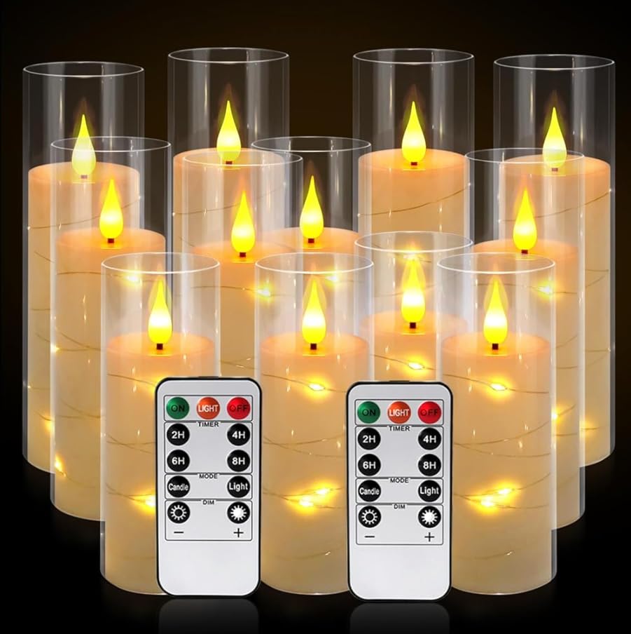Image of 12-Pack Ivory Flameless LED Pillar Candles with Starry String Lights, Realistic Flickering Remote Control Candles with Timer, Safe Warm Glow for Bedroom Wedding Mantle Cozy Home Decor