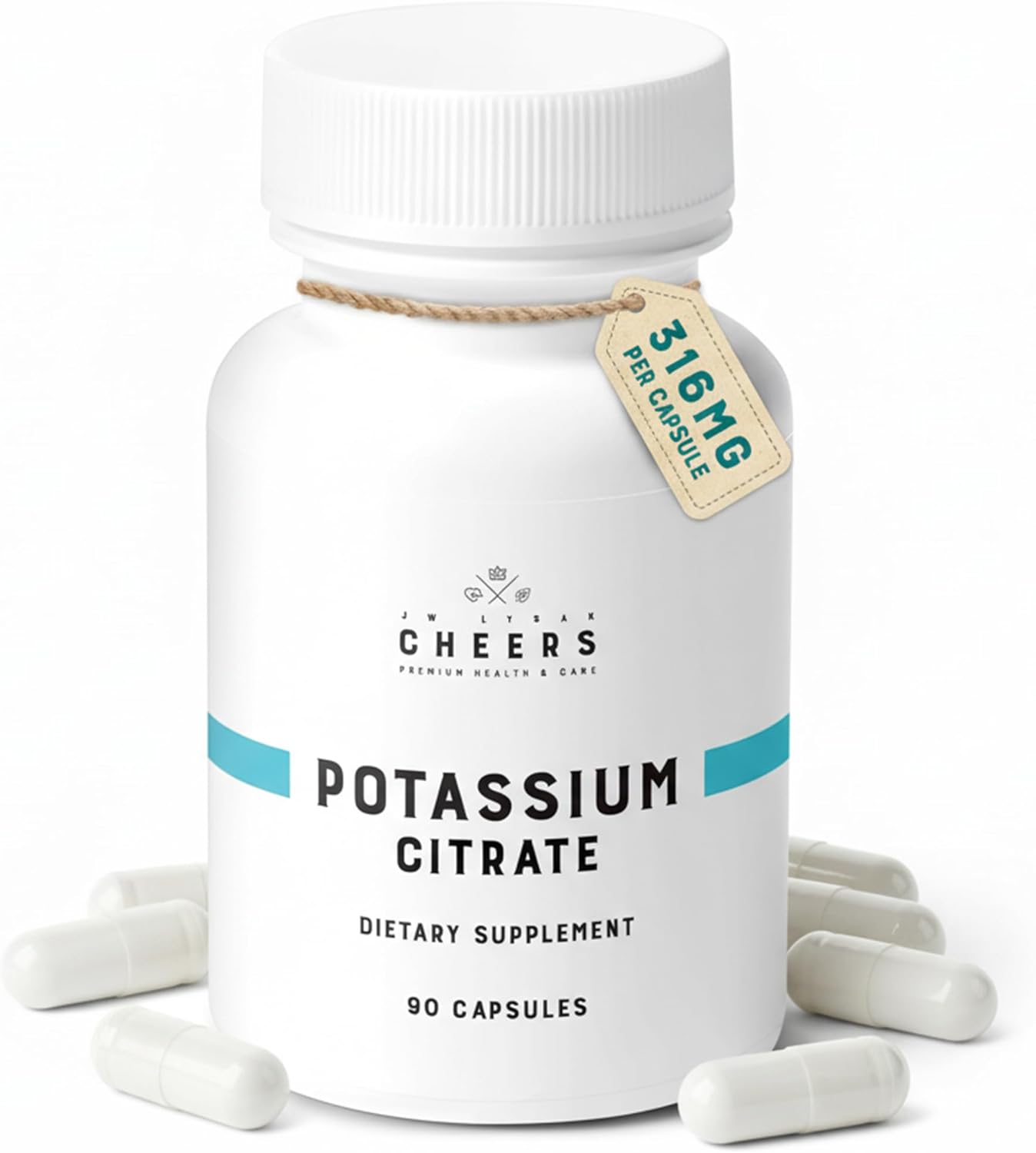 Cheers Potassium Citrate Supplement | 316mg Per Capsule | 20% Daily Value | Supports Muscle, Nerve & Heart Function | High Absorption Electrolyte | 90 Vegan Capsules