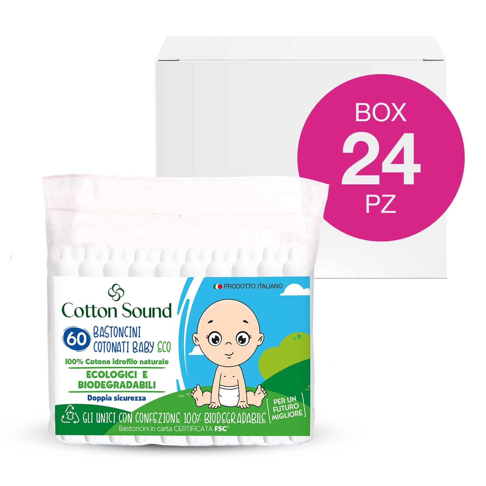 COTTON SOUND ECO Bastoncini Cotonati Baby Busta 24 confezioni x 60 Pezzi, Bastoncini Cotonati per Bambini, Bastoncini Ecologici e Biodegradabili 100% Cotone Idrofilo, Busta Compostabile, Made in Italy