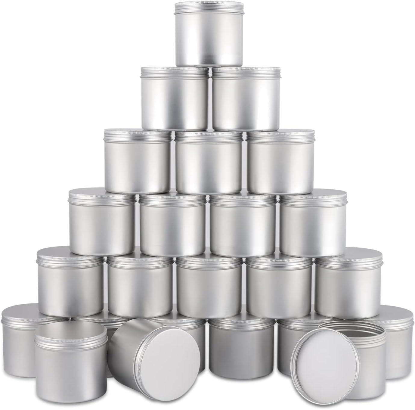 OBKJJ 24 Pack Round Cans with Screw Lid 10 Oz Aluminum Metal Tins DIY Food Candle Containers for Lotion Bars, Balms, Salve, Spices, Beard Balm, Crafts with 4 Markers 3 Sheets Label Stickers 1(Silver)