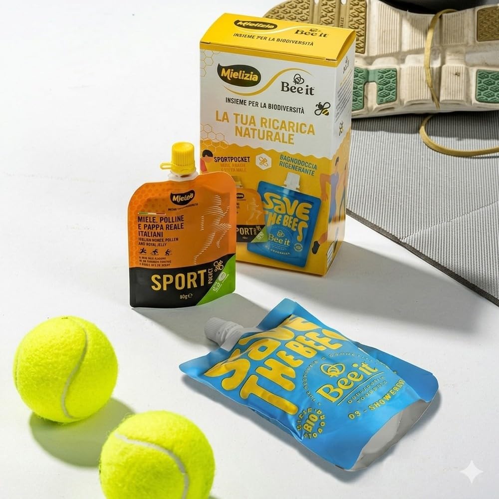 Bee it x Mielizia Kit Sport Ricarica Naturale – SportPocket Miele, Polline e Pappa Reale + Bagnodoccia Rigenerante 250 ml con Miele Biologico – Cofanetto Energia e Recupero Post Workout