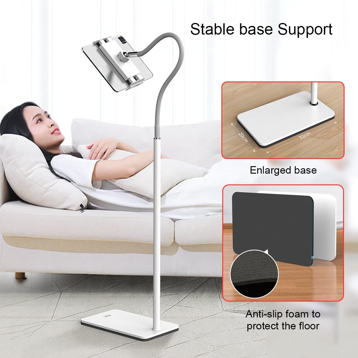 Supporto per tablet regolabile in altezza per letto, base stabile, altezza regolabile 109-151 cm, perfetto per leggere, guardare film e videochiamate