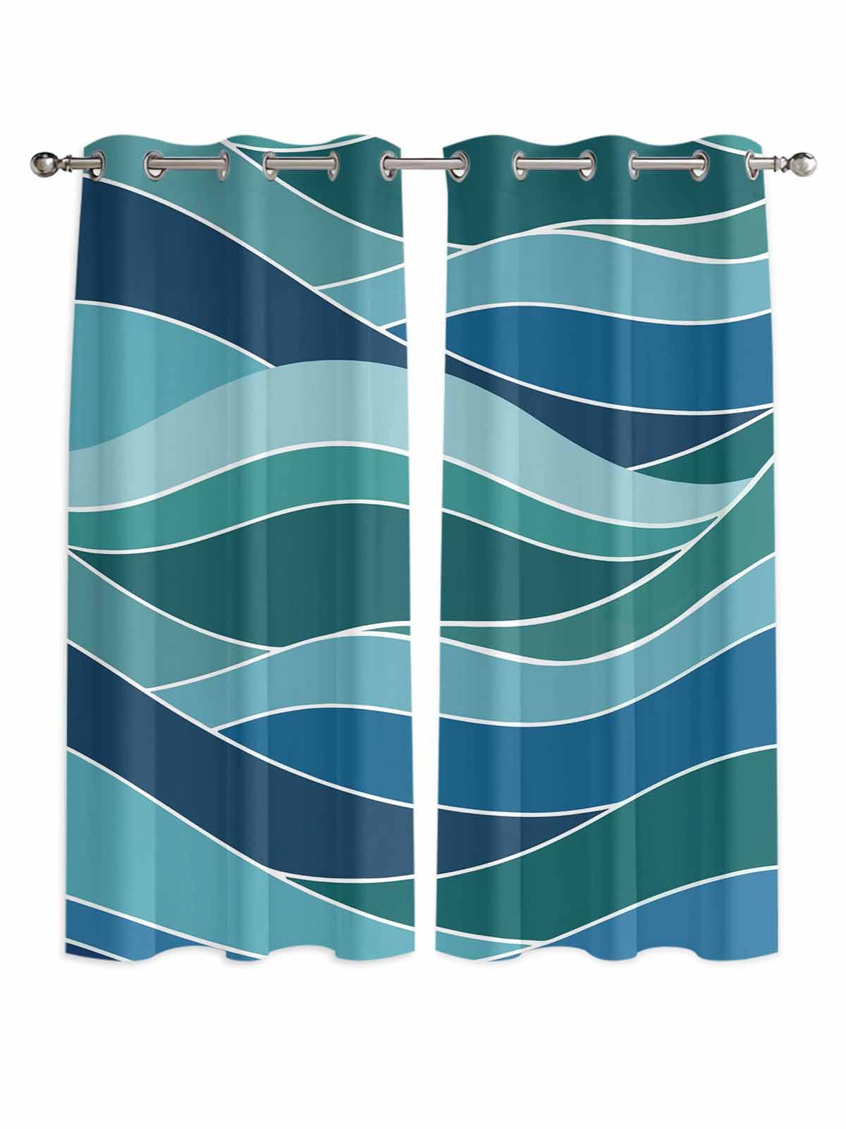 Turquoise Blue Window Curtains Panels with Silver Grommet,Green Gradient Abstract Wave Stripes Kitchen Cafe Curtain Draperies Window Treatment Set for Living Laundry Room/Bedroom/Bathroom/Cafe,84x84