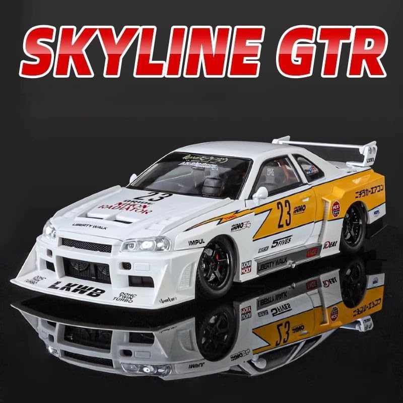 Image of 1:24 Nissan Skyline GT-R R34 Diecast Model Car, Pull Back Toy Car for Kids, Metal Collectible with Sound & Light, Gifts for Boys and Girls (White)