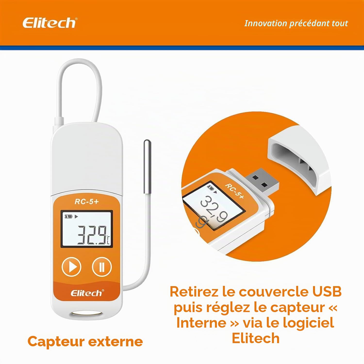 Elitech RC-5+ TE Mini Enregistreur de Données de Température USB avec Sonde Externe, Haute Précision 32000 Points de Capacité d'enregistrement Export PDF Auto