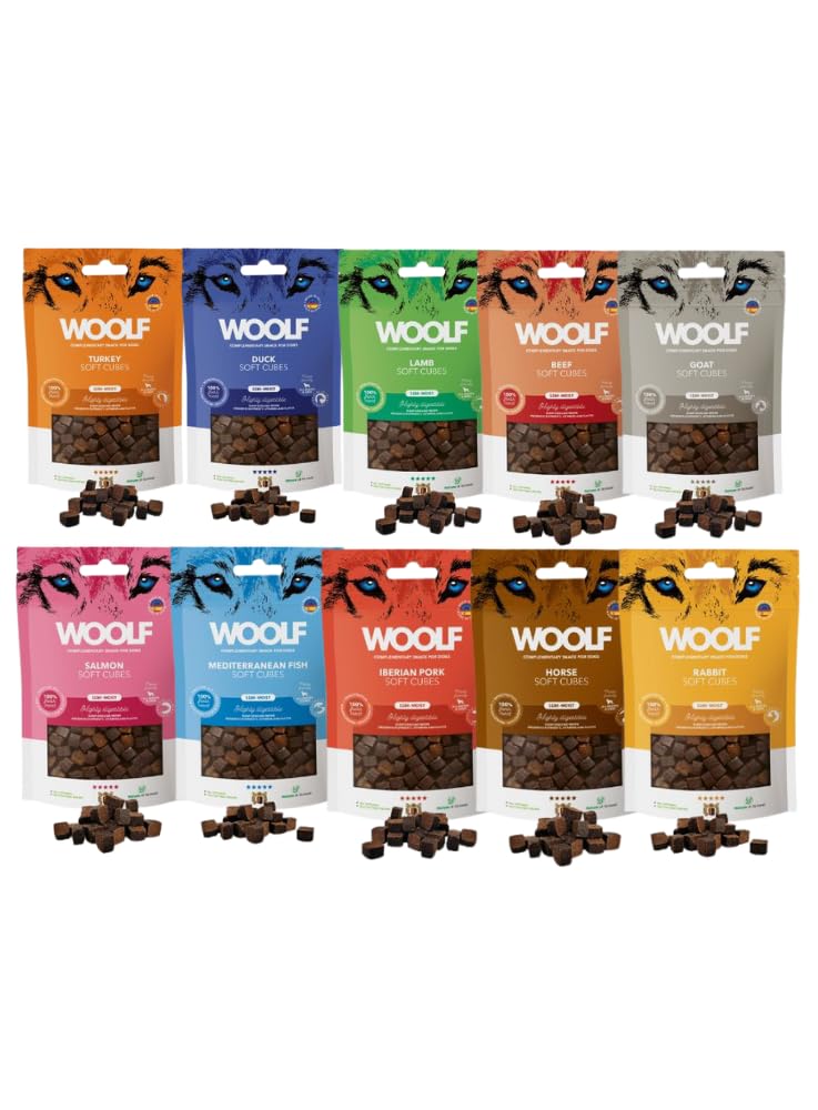 Woolf - Cubes - Snack semihúmedo Perro - Recompensa, chuches, golosinas - Pavo, Pato, Cordero, Ternera, Cabra, salmón, Pescado, Cerdo ibérico, Caballo, Conejo - 100gr - 10uds