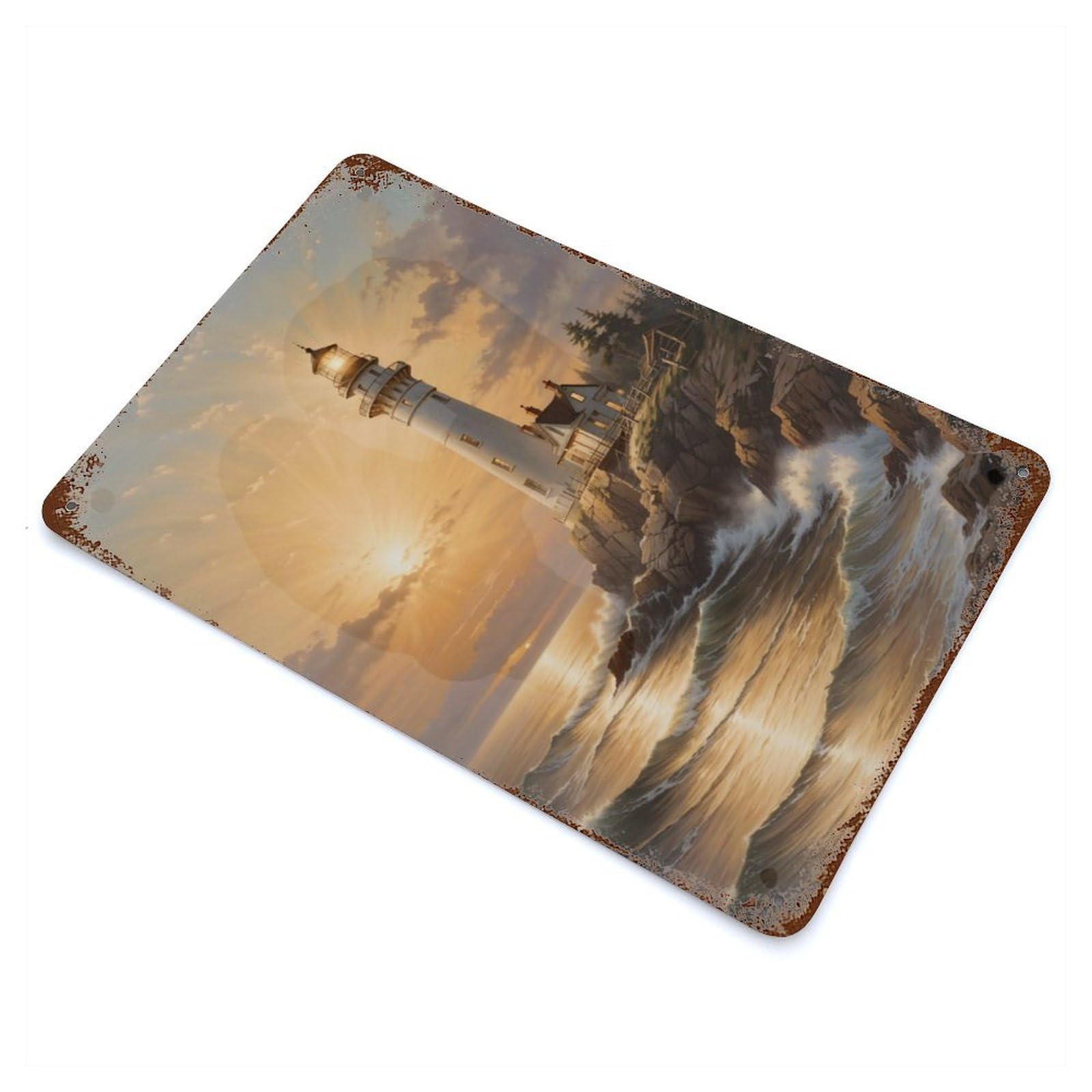 Garage Style Majestic Gold Lighthouse Aged Metal Wall Plaque 11.8"x7.9", Farmhouse Wall Decor for Bar And Workshop