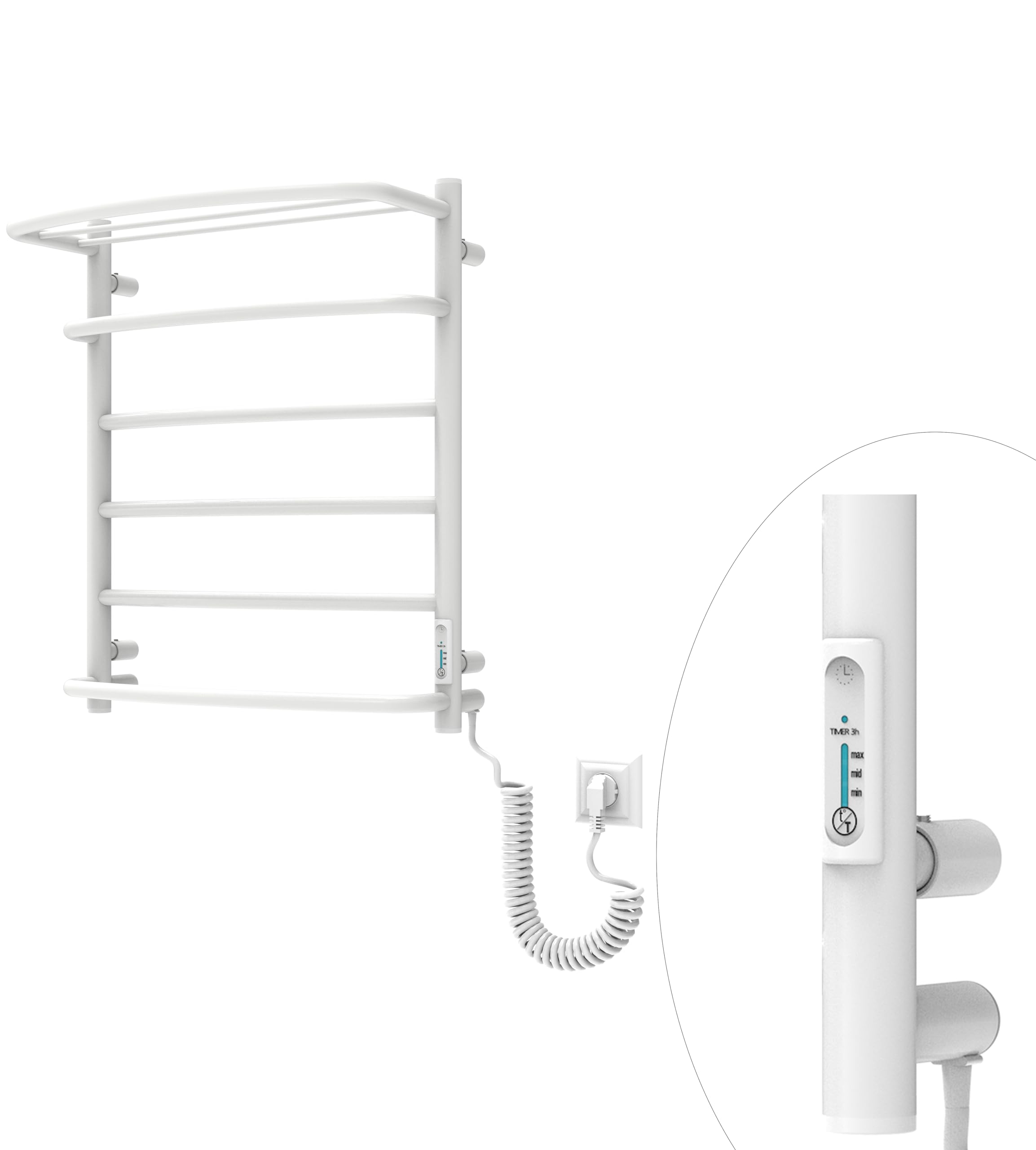 Elna Scaldasalviette Bianco - 127W - 610x530mm - Con Portasciugamani - Elettrico - Per famiglia, appartamento e camera degli ospiti - Acciaio Inox - Con Termostato, Timer & Eco - IP44 - Montaggio a