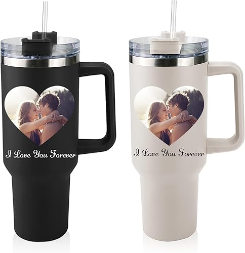 Regalos para parejas, vaso aislado personalizado con asa, vasos personalizados de 40 onzas con tapa y pajilla, sellado al vacío doble para bebidas