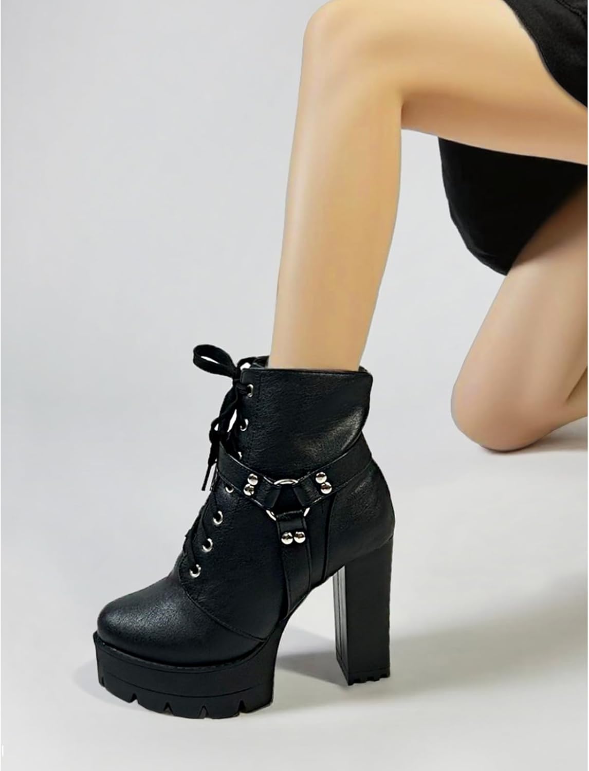 MEOTINA High Heel Boots for Women Black Heeled Chunky Heel Boot Platform Goth Shoes Lace Up Ankle Booties with Zipper - Image 4