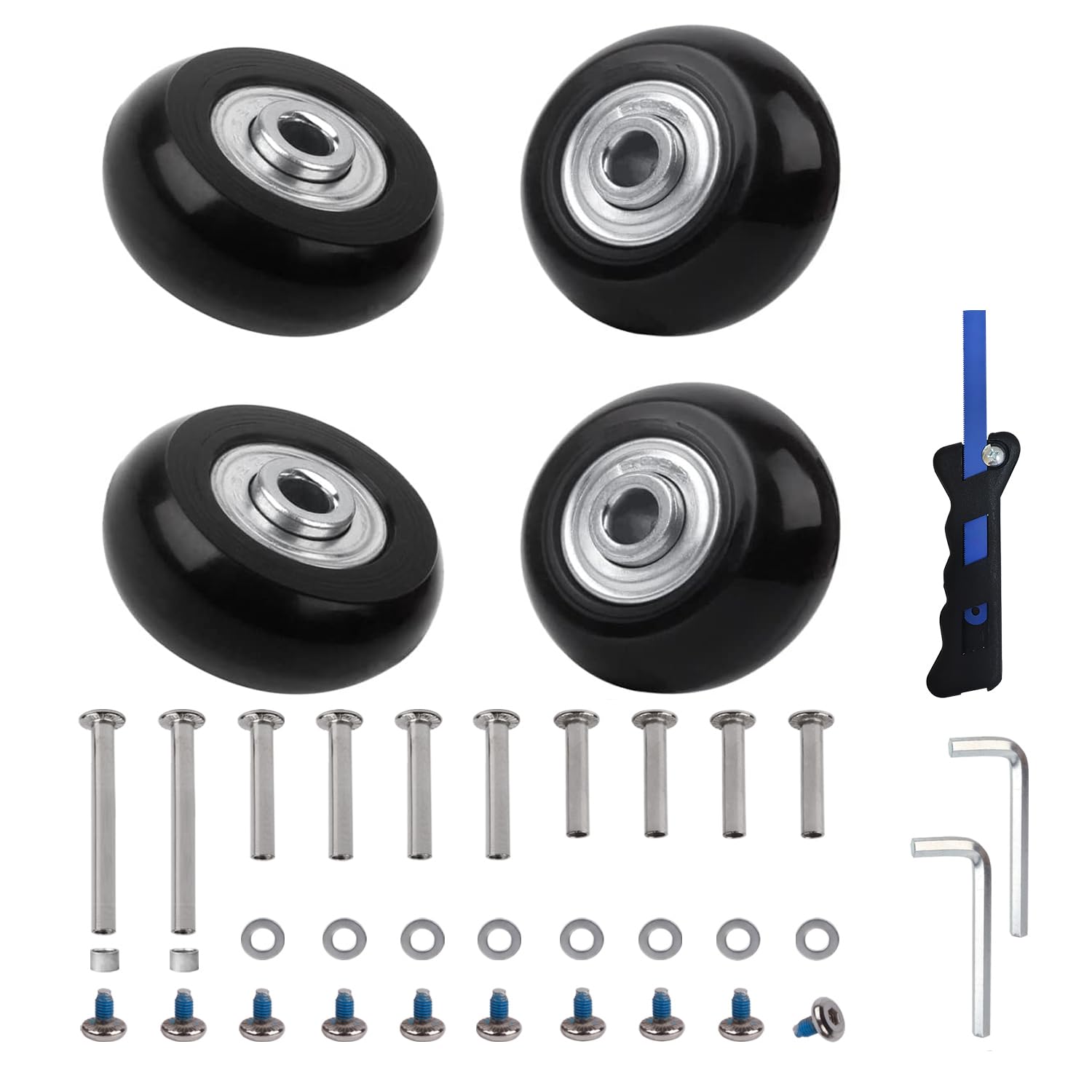 FSATNDE Luggage Suitcase Replacement Wheels Set of 4 PU Bearing Wheels-Install Width 0.8in/21mm with 3 Size Axles and Hacksaw for Trolley Bag Drawbar Box Smooth Rolling Repair(40mm x 18mm)