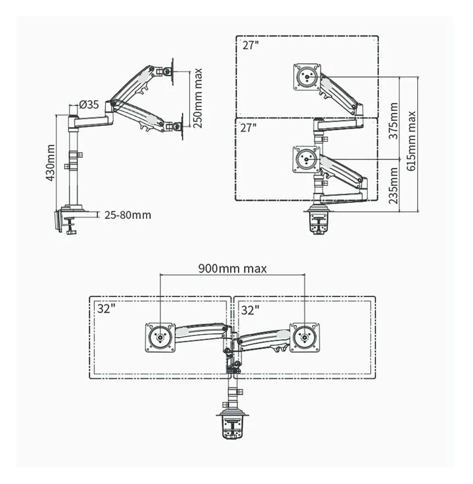 Supporto da Tavolo H180 FP-2 per Monitor TV LCD da 22" - 32" + Molla A Gas da 10" A 17" con Movimento Completo E Doppio Braccio di Serraggio da 2-12 kg.，2 12KG H180 FP