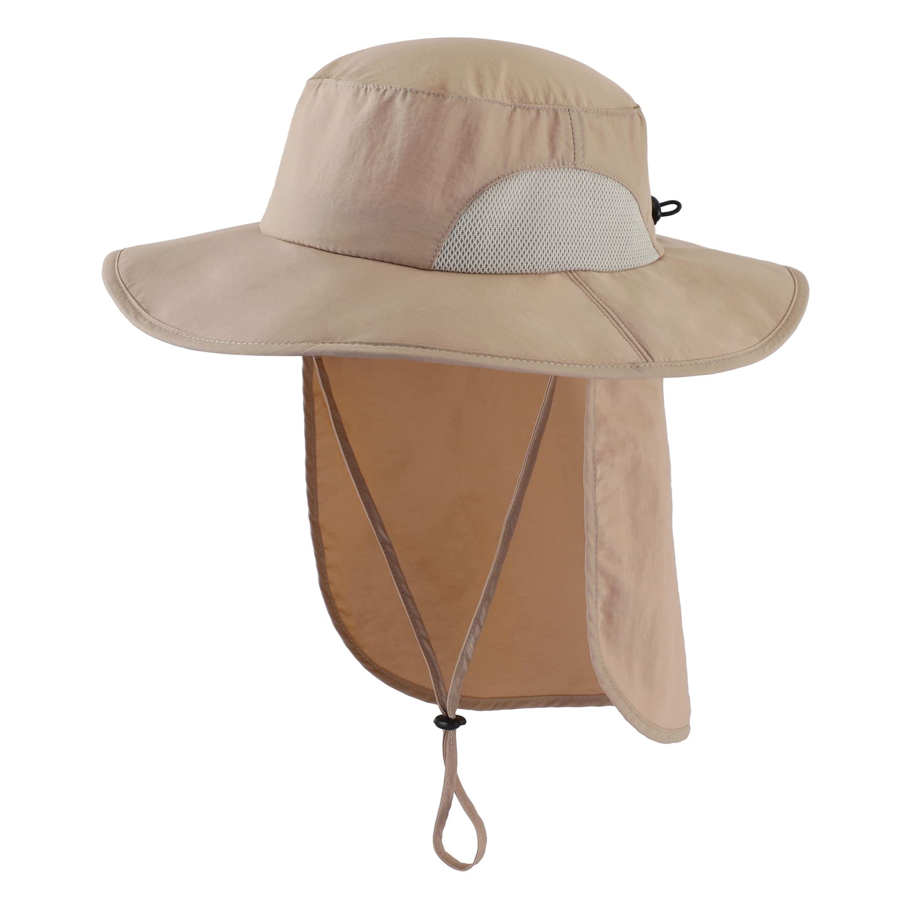 Home Prefer Outdoor Mens UPF50+ Sun Hat Wide Brim Fishing Hat with Neck Flap, Milky Khaki, L-XL