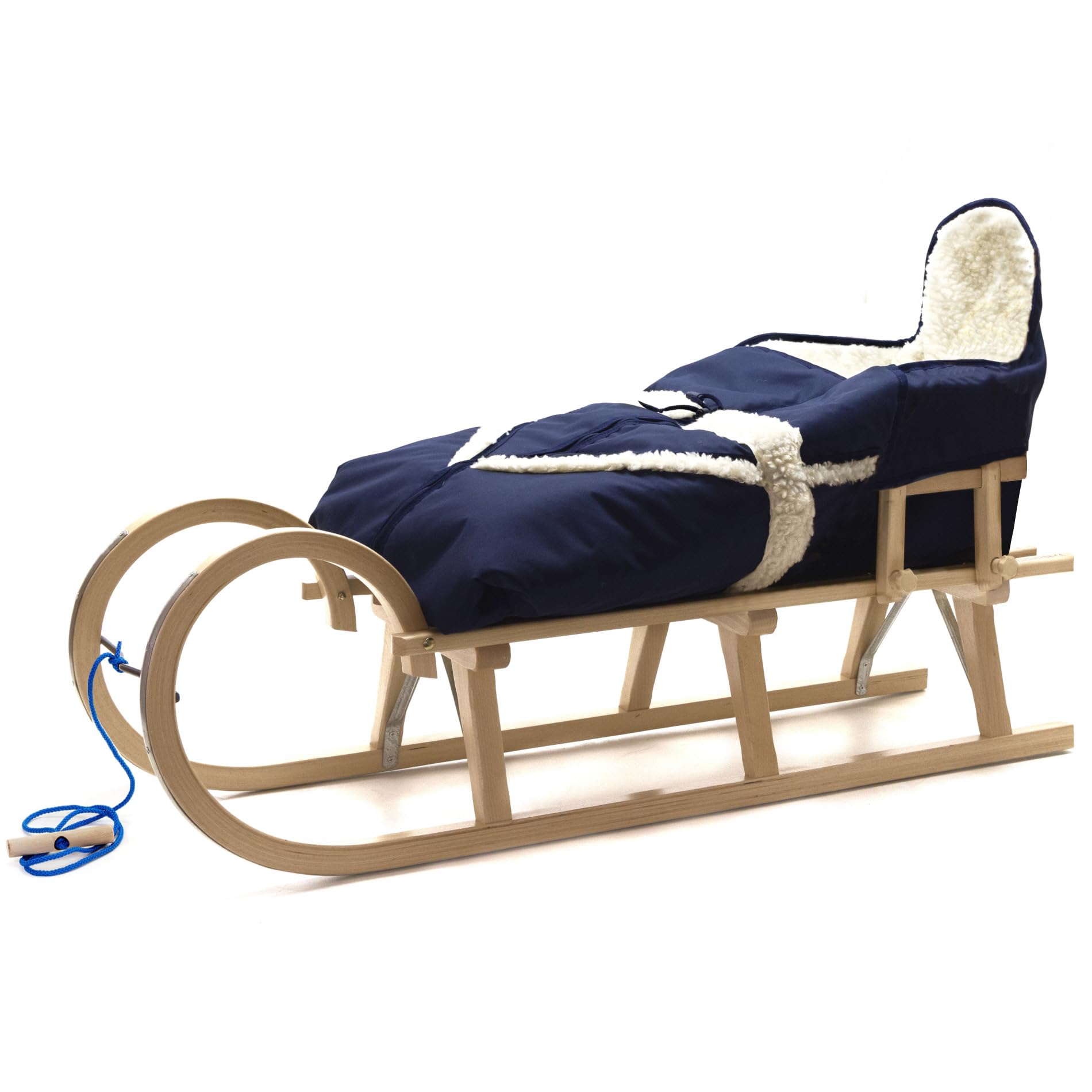 Baby-Schlitten Hörnerschlitten 120 cm mit Lehne + Leine + Fußsack (Qualität) Farbauswahl (Granatblau)