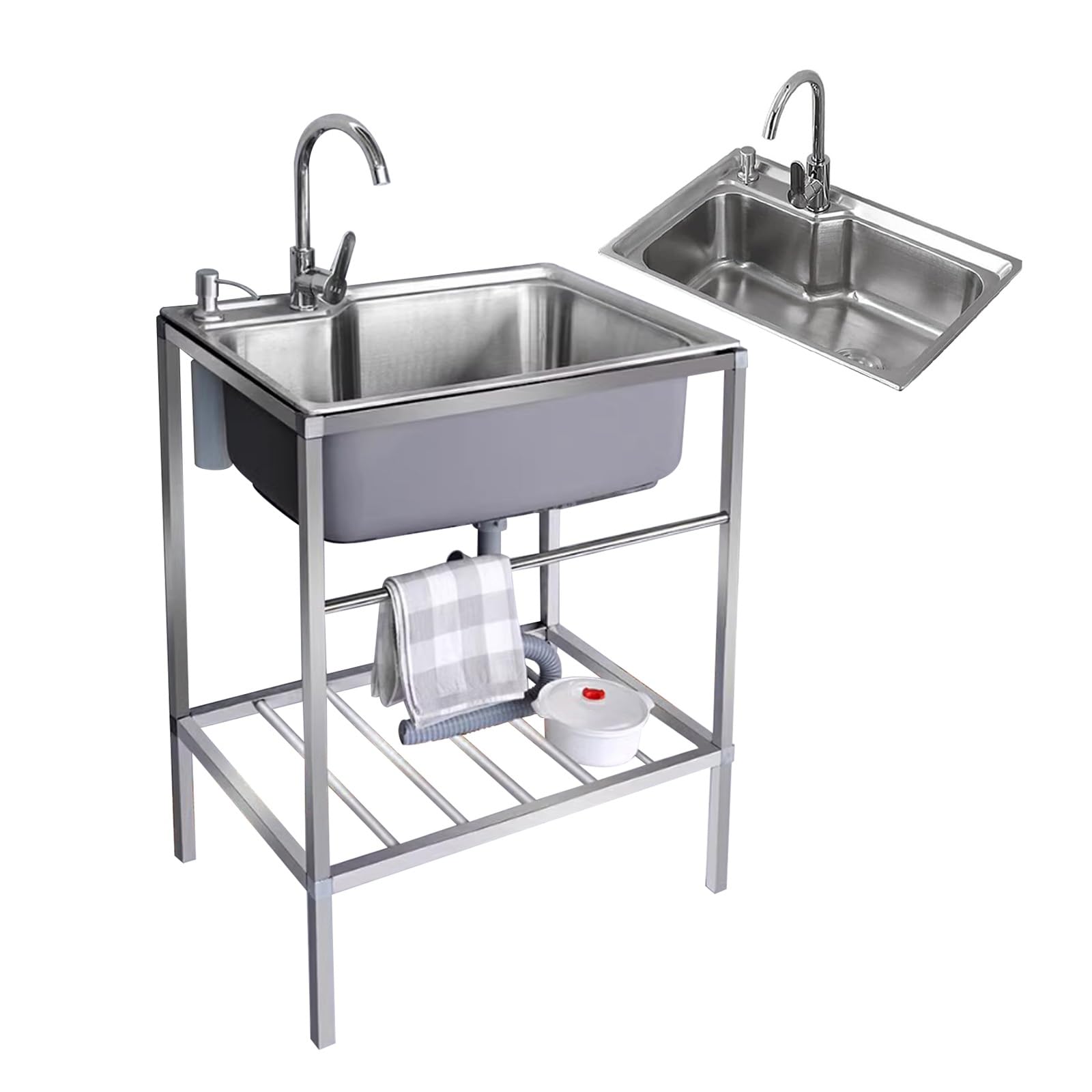 Edelstahl Spülbecken Küche,Utility Waschbecken Frei Stehende,mit Wasserhahn Lagerregale Im Freien Waschbecken Waschstation,kommerzielle Restaurant Waschbecken,für Waschküche Garage Bauernhaus(27.5x18.