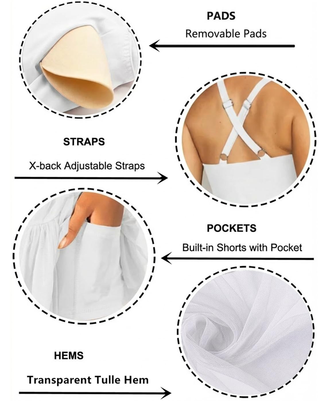 Jinsha Robe Tennis Femme Tulle Transparent Soutien Gorge Intégré et Short avec Poches - Golf Volleyball Cheerleading Sport Noir Blanc Sexy Casual Robe Femme Chic ete Jupe Robes Sport Short Dress