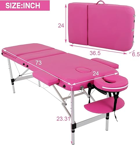 Miniatura 2 de Dkeli Mesa de masaje, mesa de pestañas rosas, cama de spa, portátil, plegable, de 73 pulgadas de altura, ajustable, cama de salón de 3 pliegues con
