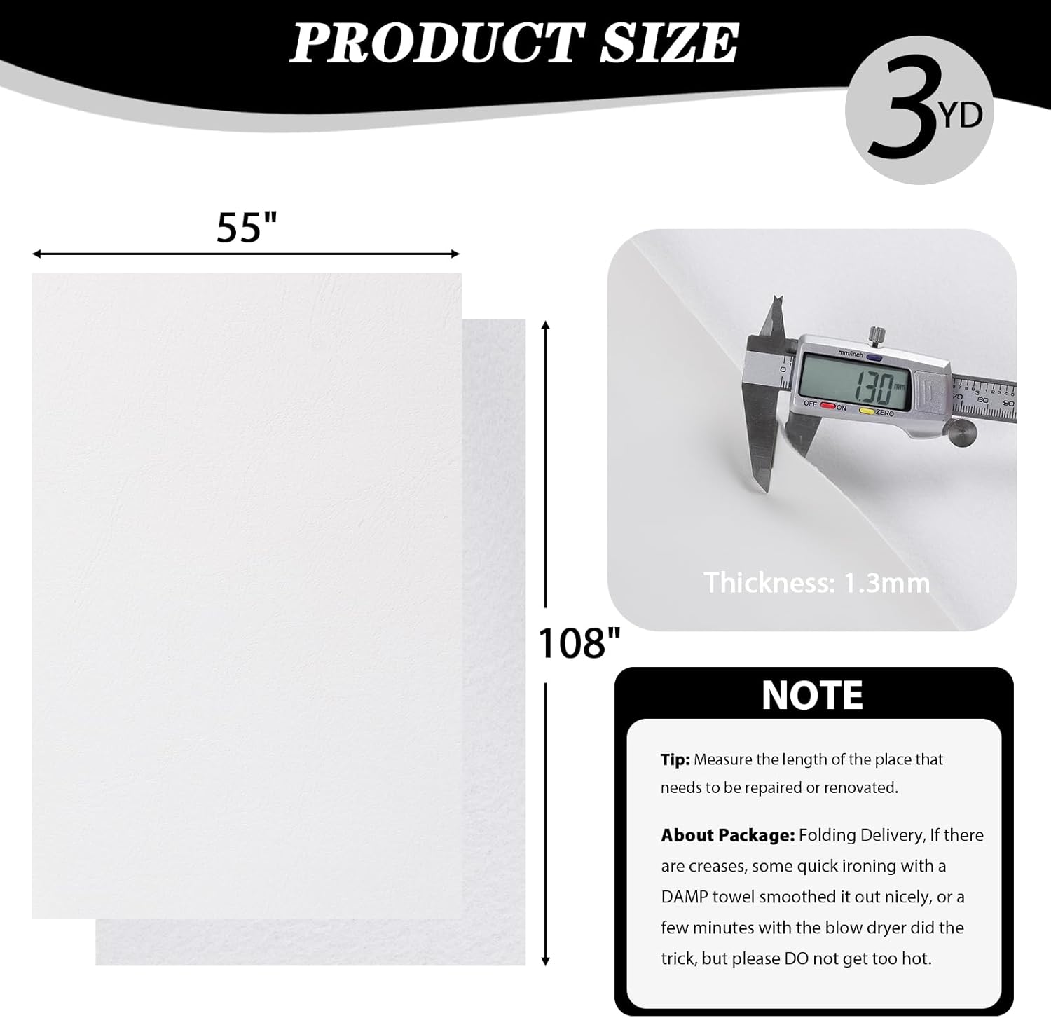 Faux Leather Vinyl Upholstery Fabric by The Yard, 1.3mm Thick Soft Anti-Scratch Durable Marine Vinyl Fabric Synthetic Leather for Sofa Bags Chairs Car Seats DIY Crafts, 3 Yards Cut 55" x 108" (White)