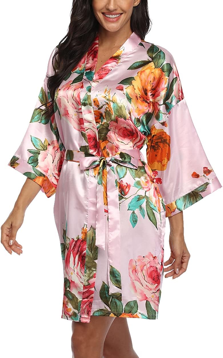 Women's Floral Kimono Robe Short Satin Rose Wedding Dressing Gown Bride Bridesmaid Getting Ready - Image 3