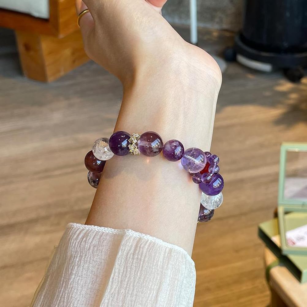 Pulsera de Cristal curativo de Amatista, Pulsera de Piedras Preciosas de energía Natural, Pulsera elástica con Cuentas de Chakras Redondas para Mujeres y niñas, Cuentas de Amatista,A