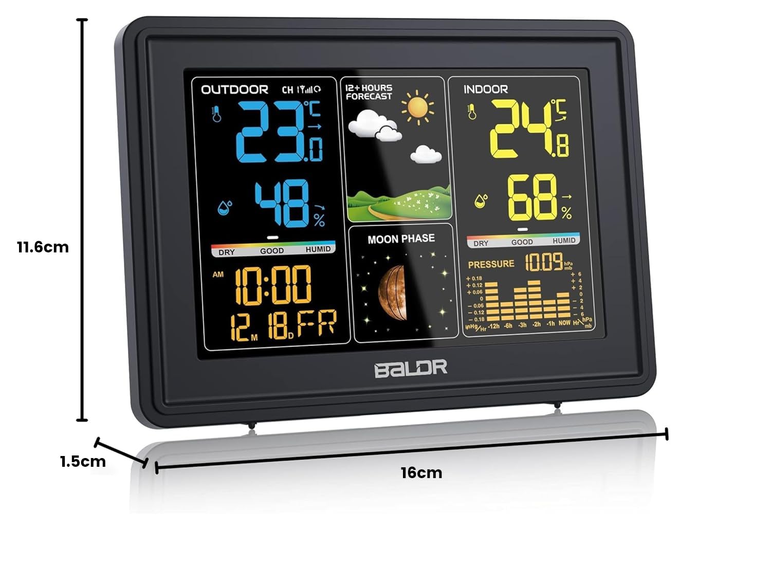 BALDR Wetterstation Funk mit Außensensor, Digital Farbdisplay DCF-Funkuhr Innen und Außen Thermometer Hygrometer, Funkwetterstation mit Wettervorhersage, Barometer und Mondphase, Netzteil