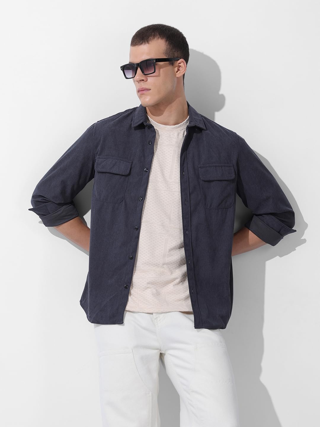 The Indian Garage Co Camicia da uomo vestibilità regolare ricamata, maniche lunghe, colletto a spalla mancante, abbigliamento da strada