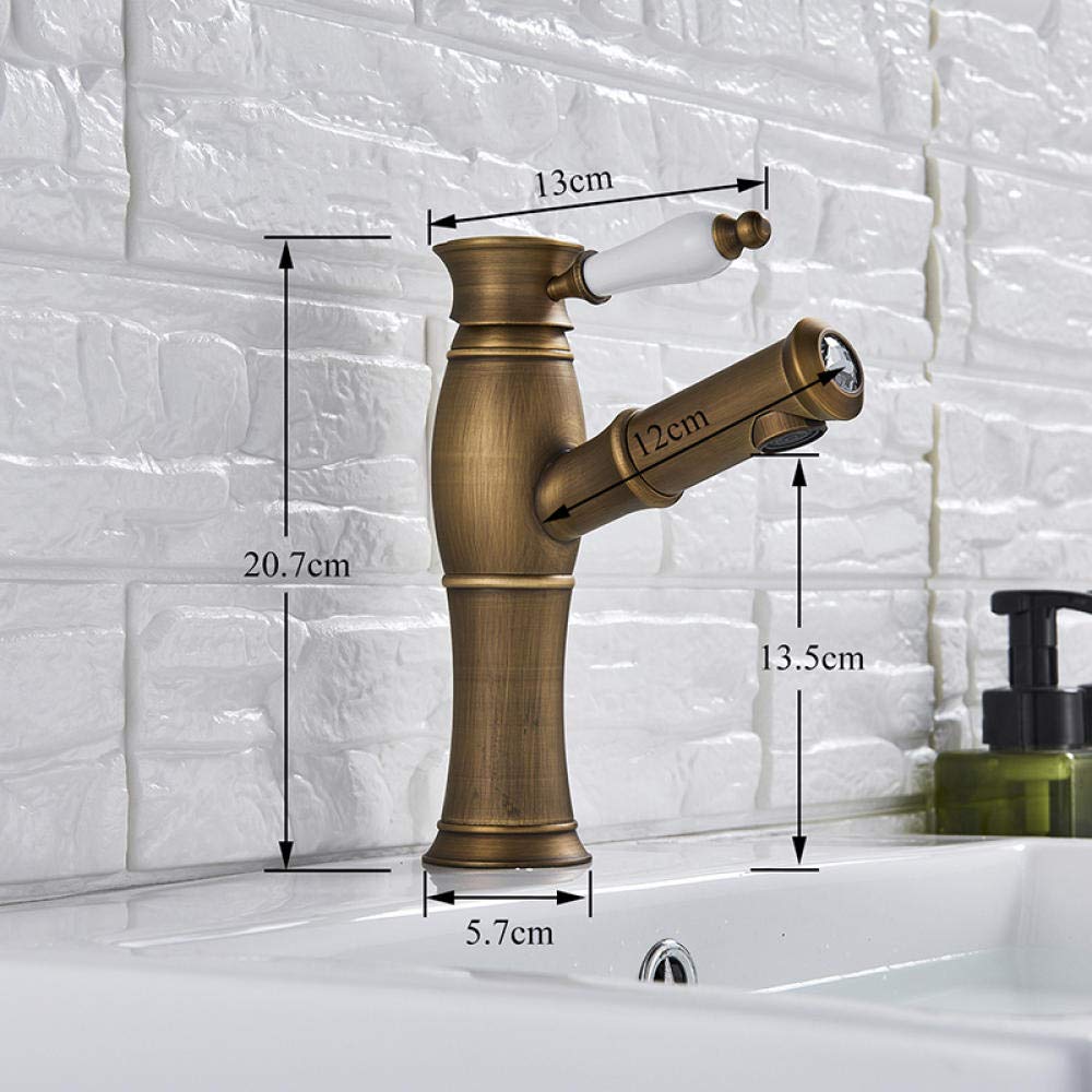 Latón antiguo Extraíble Grifo del fregadero de la cocina Montura en la cubierta Grifería monomando Lavado Grifo de lavabo Grifo de cerámica simple Grifo caliente y frío