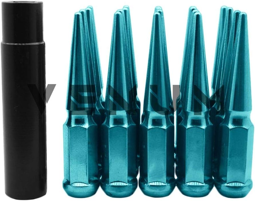 Venum wheel accessories 32 Pc Powder Coated Candy Teal Spike Lug Nuts | 14x2.0 | 4.5 inch Tall | 1 Piece Construction Compatible with Ford 1999-2002 F250 F350 8x170 Aftermarket Wheels