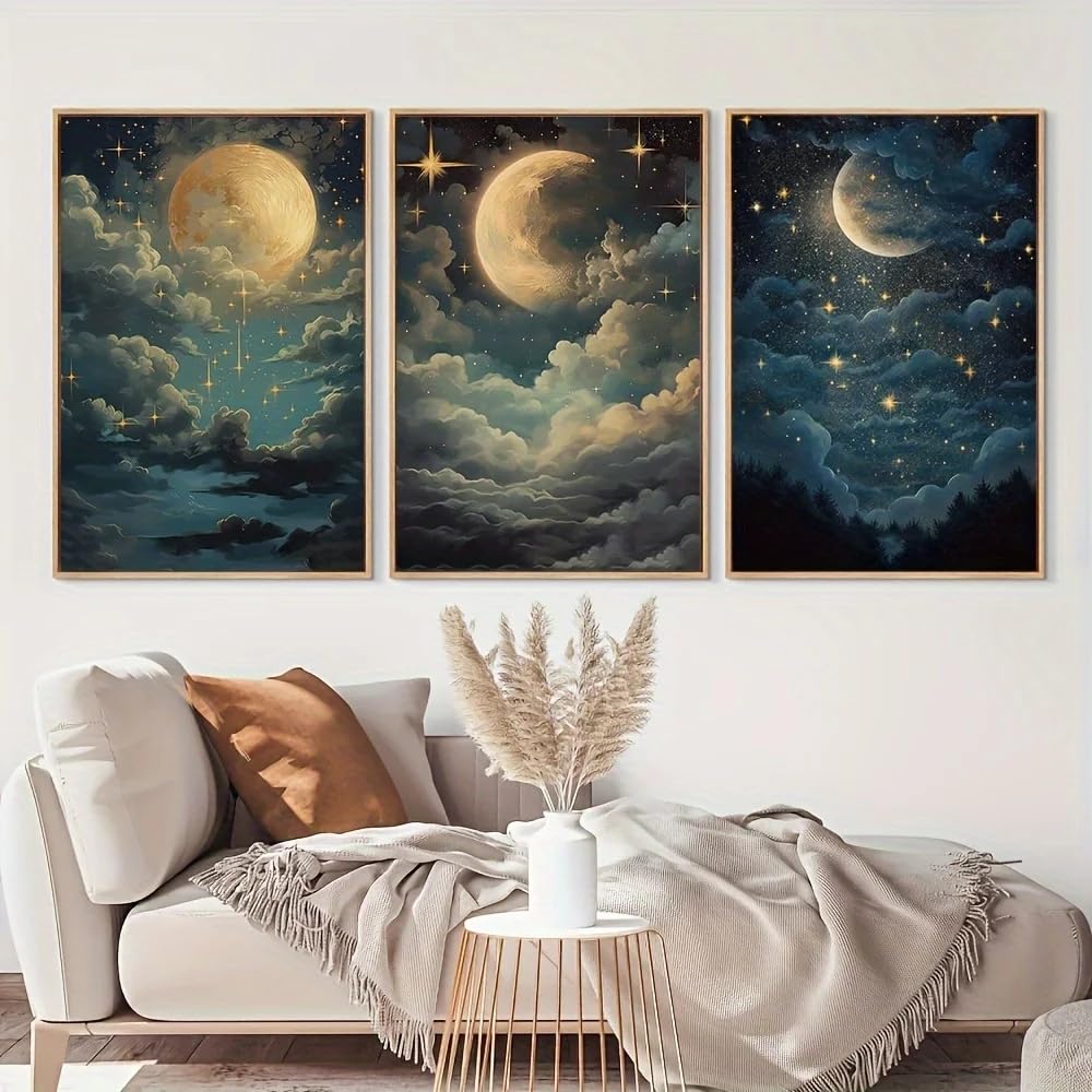 Póster de arte de la Luna en la Noche Estrellada, lámina de paisaje natural sobre lienzo, arte de pared vintage, decoración para sala de estar y hogar (20x30cmx3/marco interno)