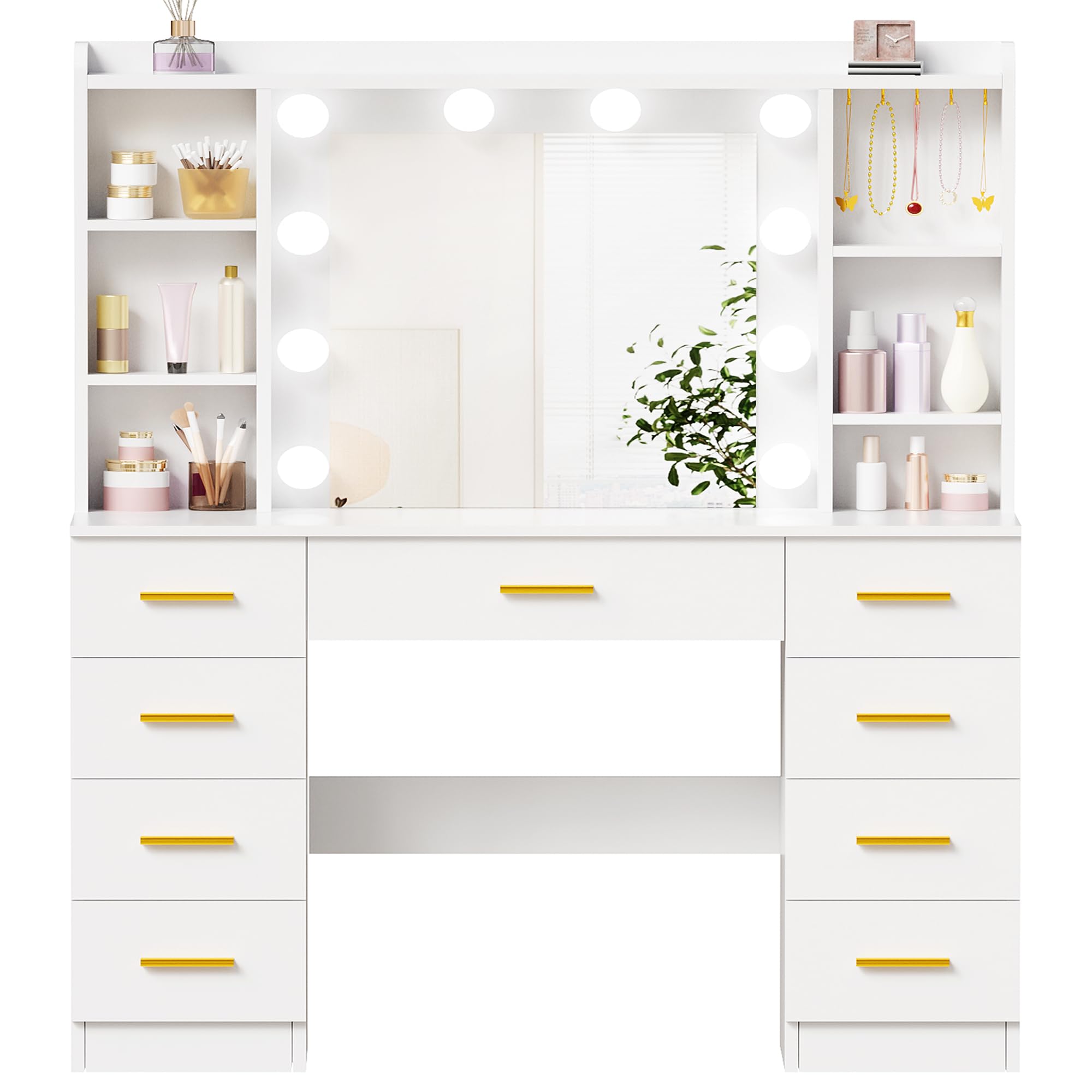 ANWBROAD Grande Coiffeuse avec Miroir et LED Éclairage, 3 Couleurs, Luminosité Réglable Table de Maquillage avec 9 Tiroirs et 6 Étagères Ouvertes 5 Crochets, Moderne Coiffeuse Blanc BDT89W