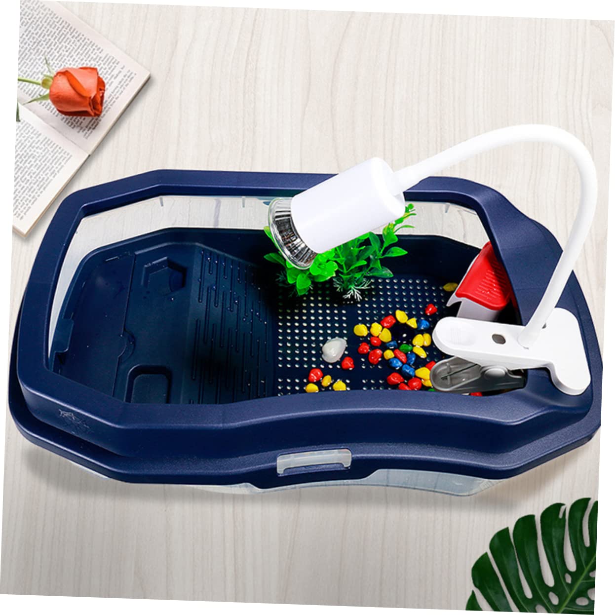 minkissy Terrario Resistencia al Desgaste y Rotura para Tortugas de Alimentación Tanque Doble de Plástico Azul Área para Comer y Nadar