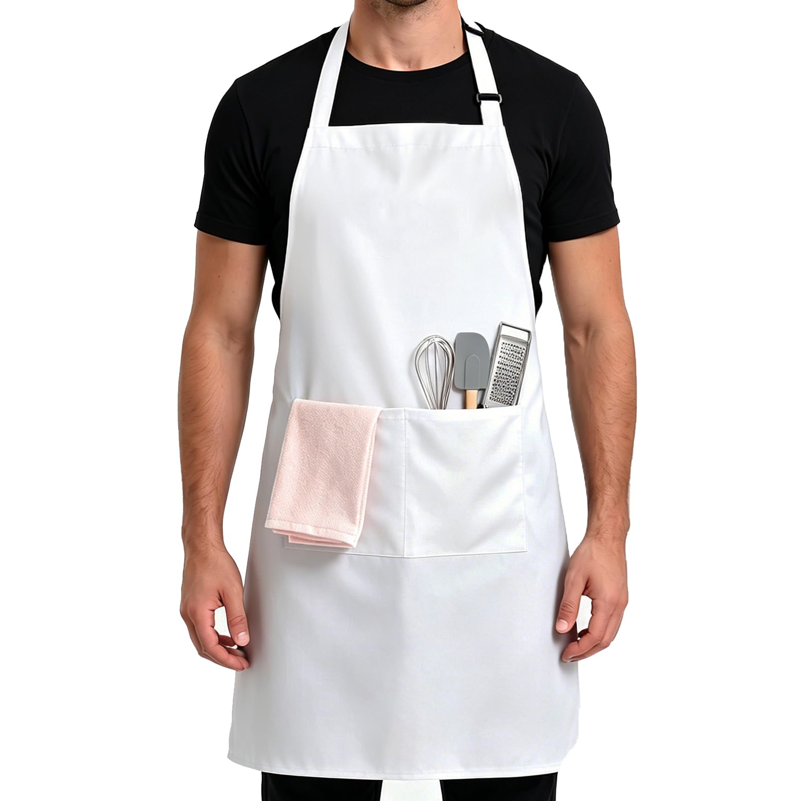 Incisite Chef Apron for Men and Women, Adjustable Bib with 2 Pockets for Cooking Kitchen Restaurant BBQ Gardening, Black (White)
