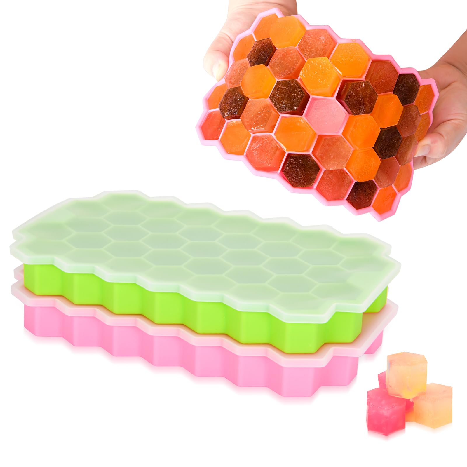 Upgraded Ice Cube Tray, 2 Pack Silicone Flexible Ice Cube Tray,Easy Releases Reusable Ice Cube, 74 Ice Cubes, Great for Chilling Drinks, Cocktail Bars or Iced Coffee Cups (Pink+Green)