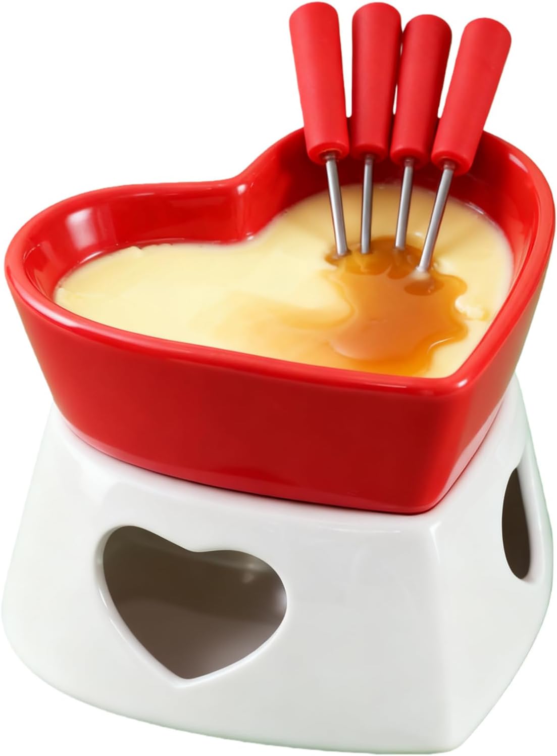 Fondue Cup | Heart Shaped Warmer,Ceramic Chocolate Melting Mugs with 4 Forks | for Cheese Marshmallow Dipping Dessert Beverage Dinner Wedding Party Birthday