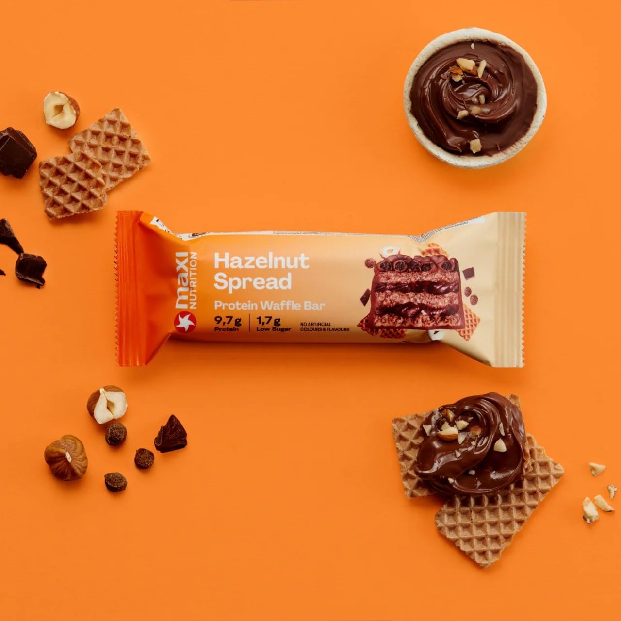 MaxiNutrition Hazelnut Spread - Gofre de proteínas, 25% de proteínas, 202 kcal, (12 barras de proteínas x 39 g), sin azúcar añadido (Crema de avellana)