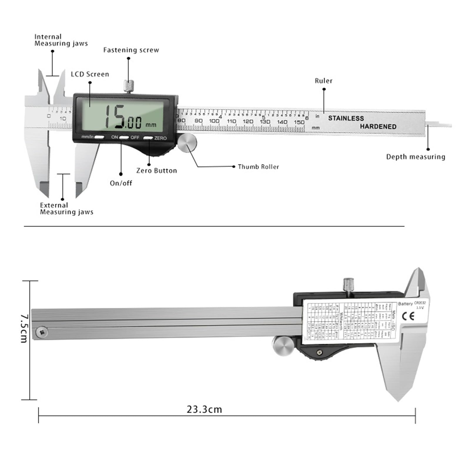 Micrómetro Calibrador digital de 150 mm, 200 y 300 con pantalla LCD grande, calibrador dígitos Vernier metal, herramienta medición(0-300mm)