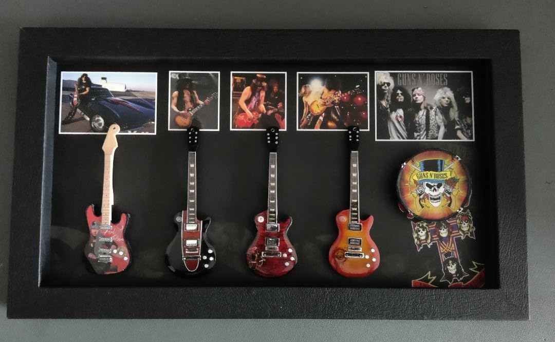 Rock Guitar Miniatures Black Rgm8982 Slash Miniature Guitar Collection Includes Three Mounted Replica Slash Miniature Guitars Bass Drum In A Shadowbox Frame. A Delightful Gift For Any Gnr Fan