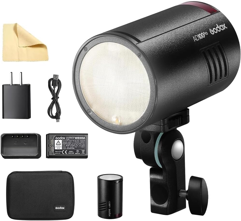 Godox AD100 Pro Godox 100Ws Pocket Flash Strobe – 2.4G Wireless X System, 2600mAh Li-ion (360 Flashes), 1/8000s HSS, 0.01-1.5s Recycling, OLED Screen, 1.8W LED Model Light, TTL/Multi/M