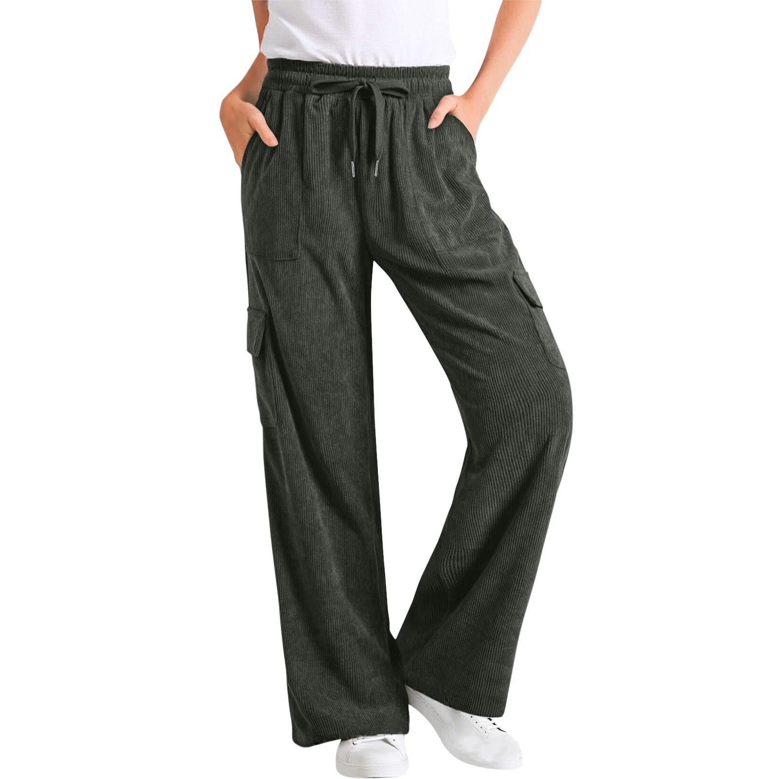 Corduroy Pants Women Fall Fashion Baggy Wide Leg Cargo Slacks Dressy Casual Elastic Waist Drawstring Palazzo Trouser