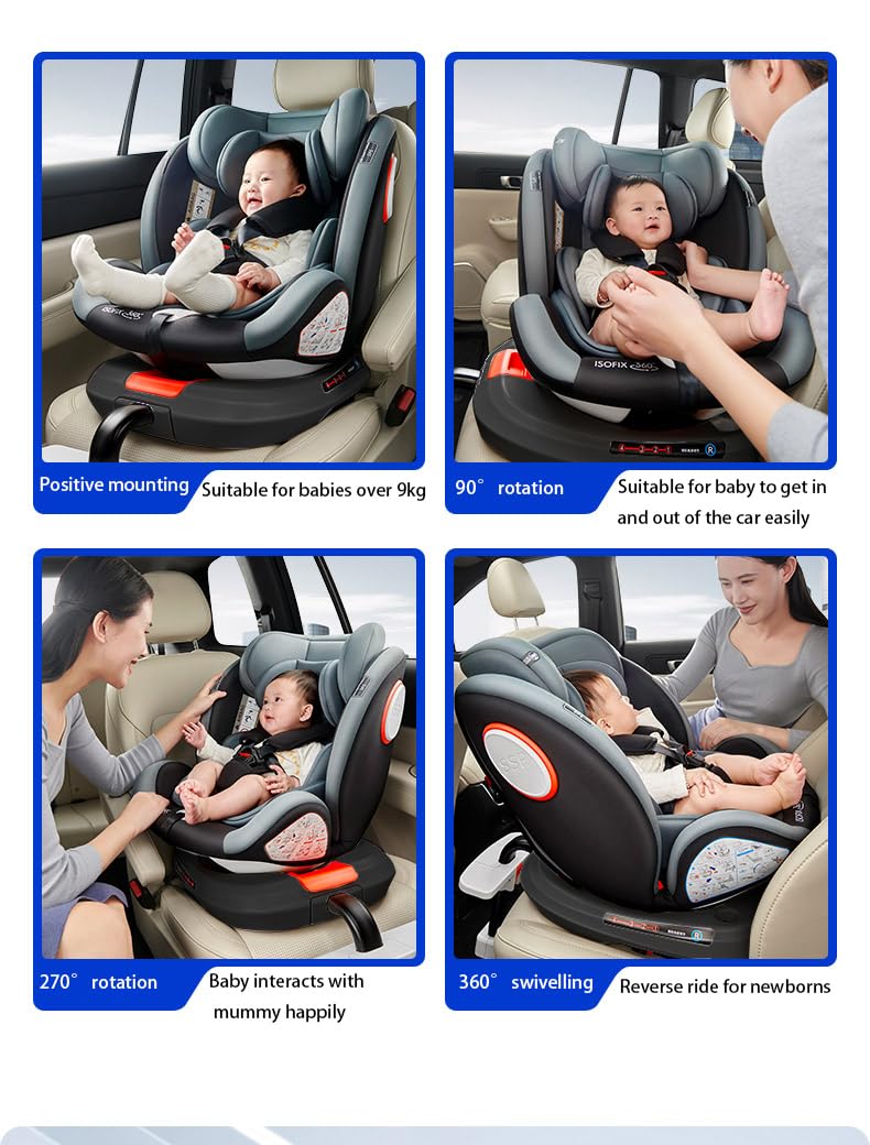 Silla de coche Giratoria 360°con ISOFIX, Asientos Ajustables para Automóviles y Reposacabezas, Puede Hacia adelante y Instalación atrás Asiento Acolchado (Grey with Pedal stand)