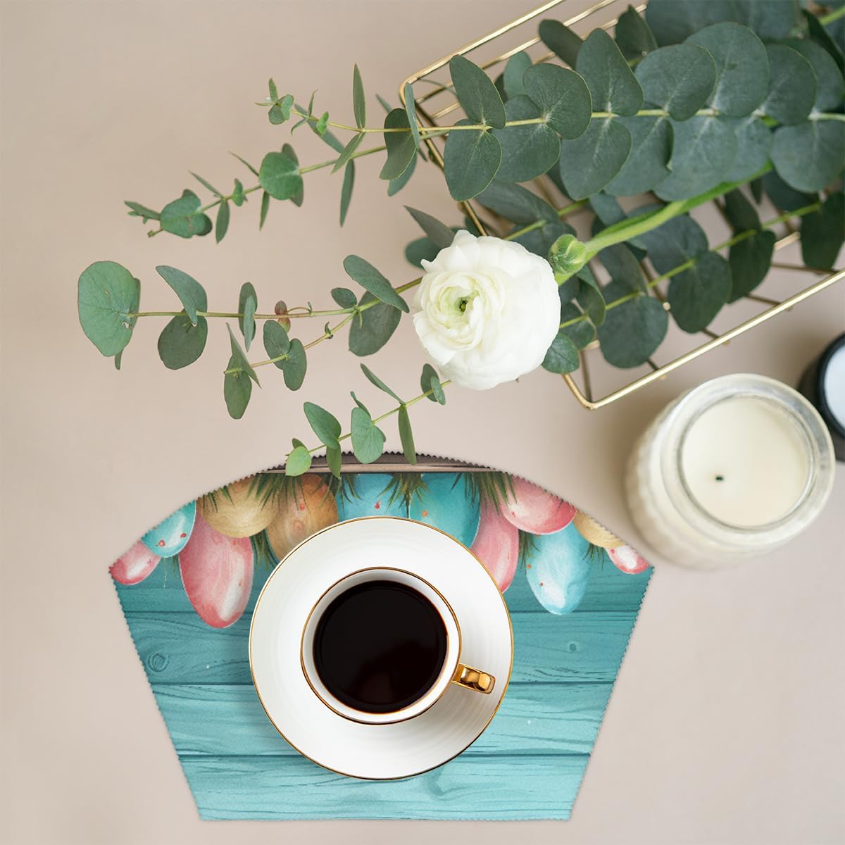 Easter Wooden Egg Wedge Placemats Set of 4 4 Wedge Table mats and 1 Round Place mat Heat Resistant Non-Slip Wipeable Washable Dining Table for Kitchen Patio Party Decor Cloth Placemat