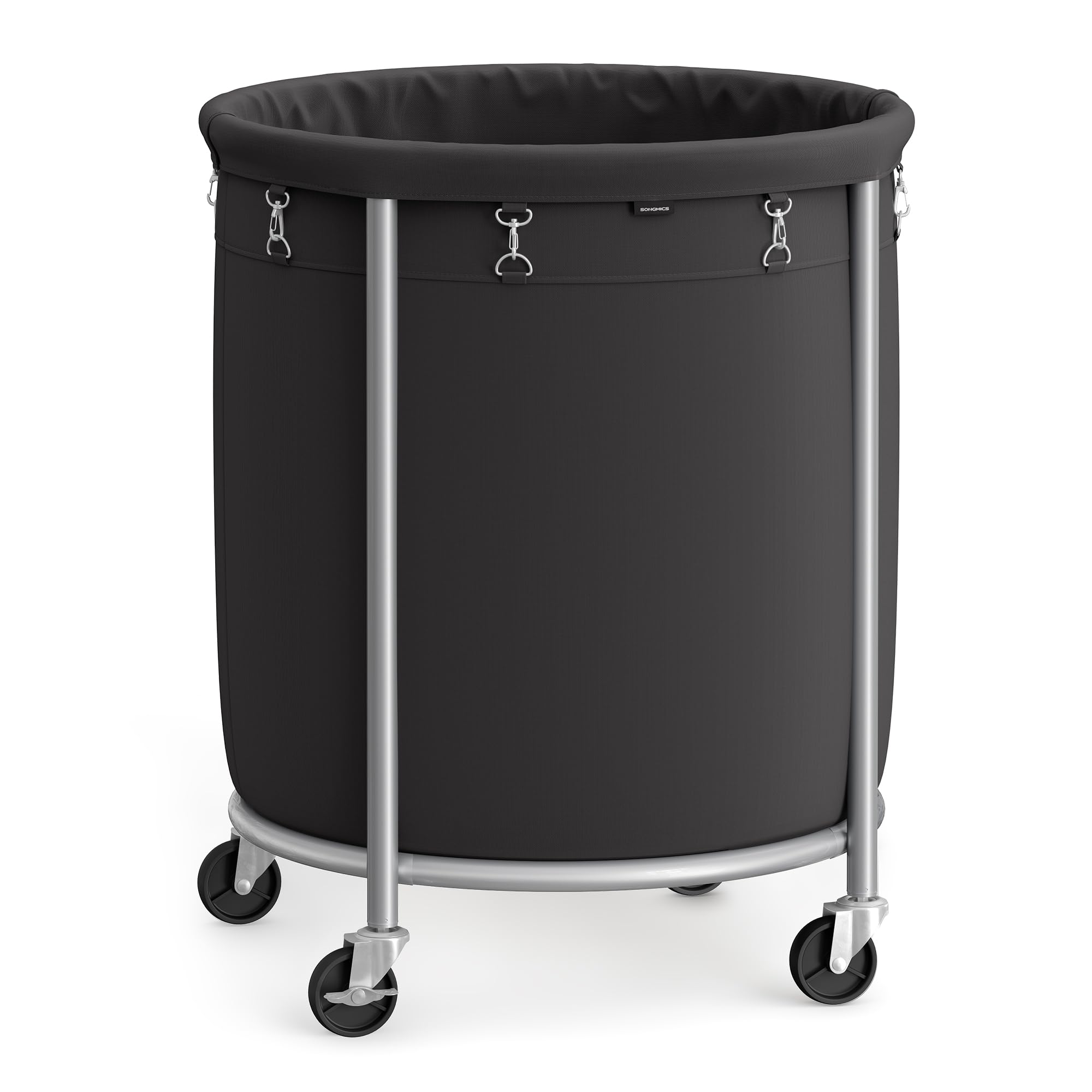 songmics 50.2-gallon (190 l) laundry basket with wheels, rolling round heavy-duty laundry hamper cart with steel frame and removable bag, 2 locking wheels, ink black and metallic silver urls001b01