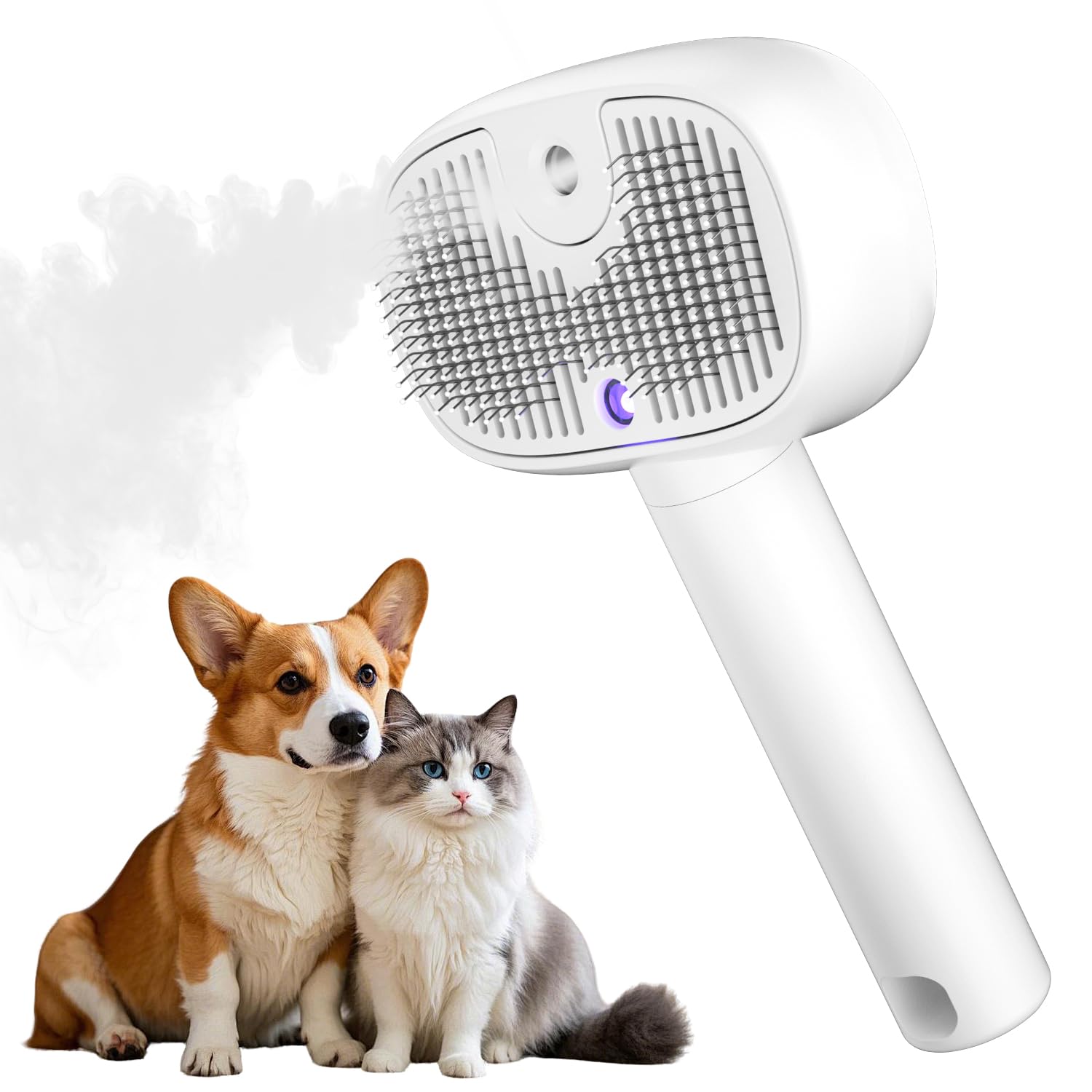 3 en 1 Cepillo Vapor para Gatos, Liberación con un solo clic, Recargable, en interiores Autolimpiable Cepillo Gatos, Antiestático Cepillo gato para Pelo Largo y Corto Perros/gatos, Blanco
