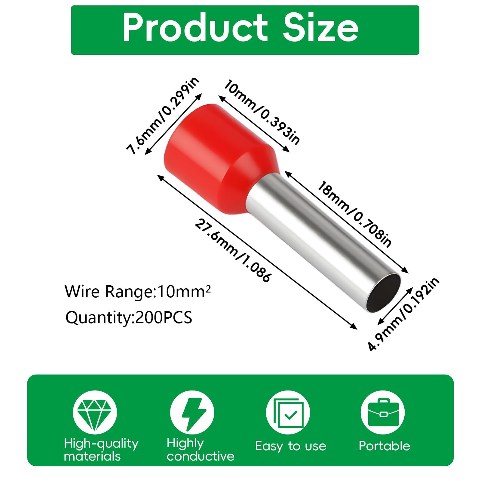 200 Pièces Embouts de Sertissage 10 mm², Cosse Electrique a Sertir rouges, Cosses Electriques a Sertirs, Embout de Cablage, Connecteurs à sertir pour extrémités de câbles, connecteurs à embout