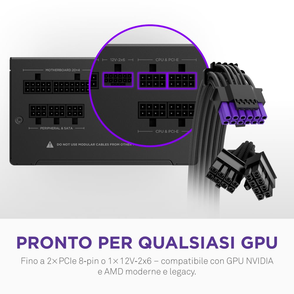NZXT C750 Gold Core – PSU ATX 3.1 750W – 80 PLUS Gold – Cybenetics Platinum – Completamente modulare – PCIe 5.1 300W 12V-2x6 – Ventola 0 RPM – Condensatori 105 °C – Nero