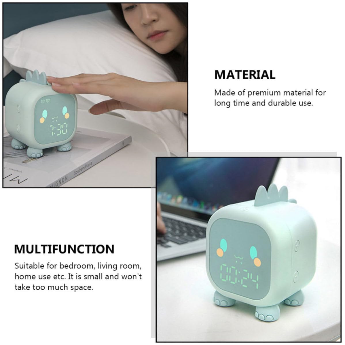 Reloj Despertador Infantil Digital Luz LED Verde y Temporizador de Siesta para Habitación Ñiño, Material Silicona y Abs, Diseño Moderno para Uso en Dormitorio