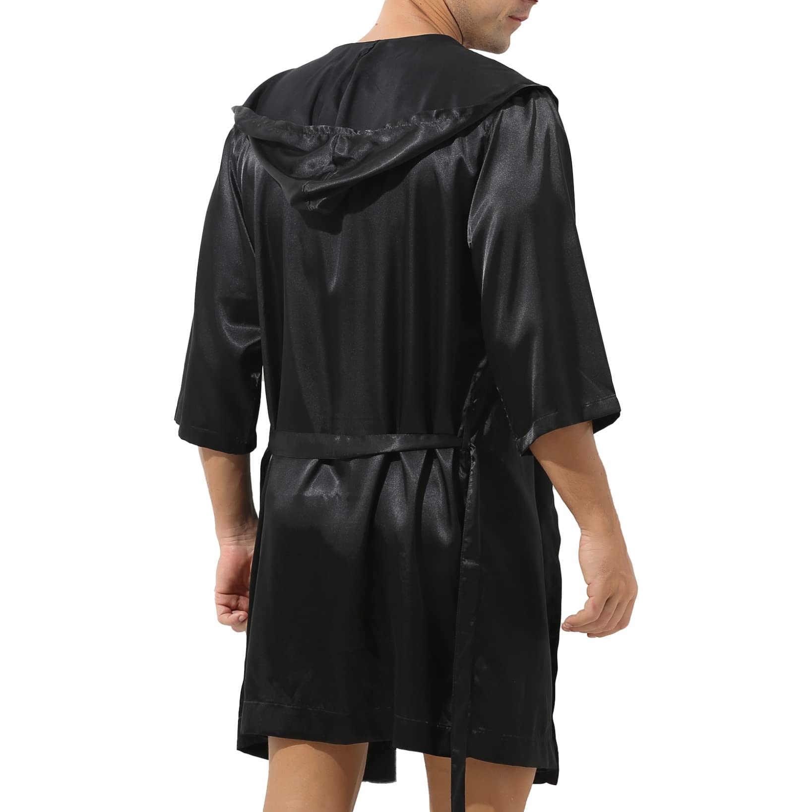 Homme Lingerie Sexy Erotique Kimono Ouvert Satin Peignoir de Bain Manche Longue Confortable Robe de Nuit Pyjama Chemise de Nuit Noir M