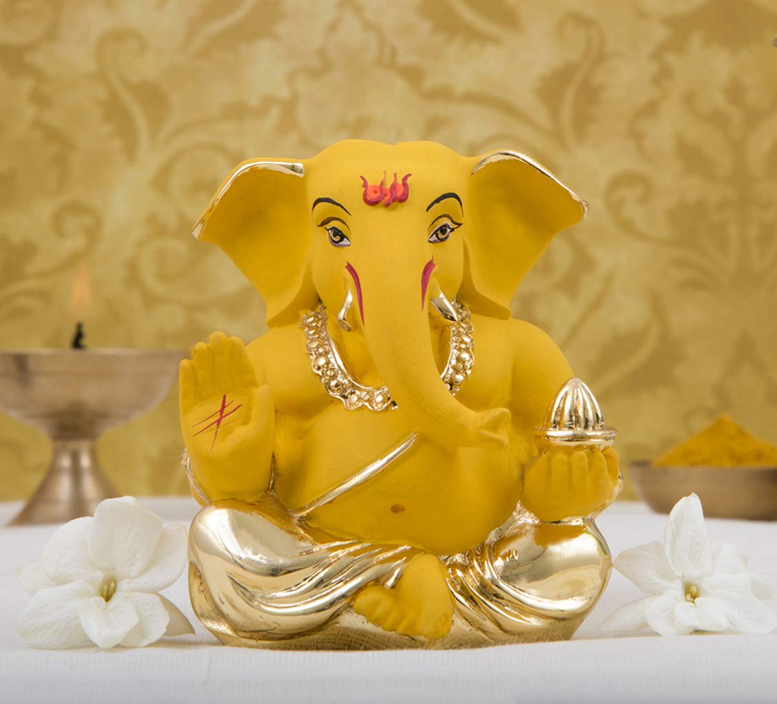 Gold Art India Ceramic Mango Appu Ganesha Idols 5 X 4 X 3 Cm Gold Ganesh Idol For Car Dashboard Ganesha Murti Ganpati Idol For Home Decor Puja Lord Ganesh Statue Gift For Office Desk Puja Room, Idol