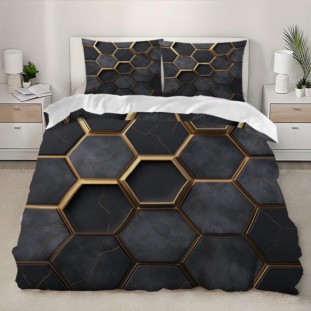 Zestaw pościeli 3D 240 x 220 cm sztuka geometryczna plaster miodu 3-częściowy zestaw poszewek na kołdrę miękka i wygodna czarna mikrofibra poszwa na kołdrę dla dzieci dorosłych